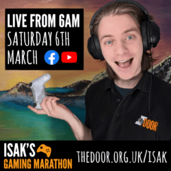Photo of Isak a youthworker wearing headphones with a games controller. Advertising Gaming Marathon on 6th March 2021